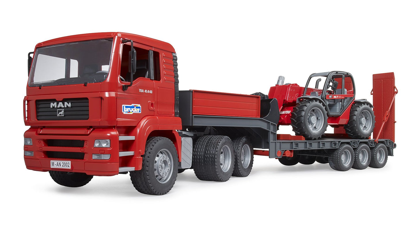 MAN TGA truck with low loader trailer and Manitou telehandler Telescopic Loader MLT 633