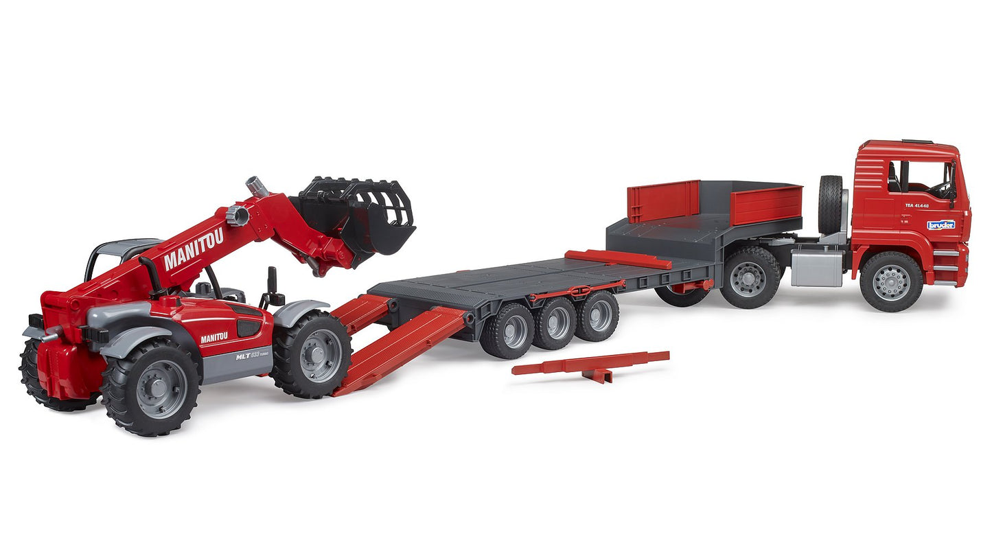 MAN TGA truck with low loader trailer and Manitou telehandler Telescopic Loader MLT 633