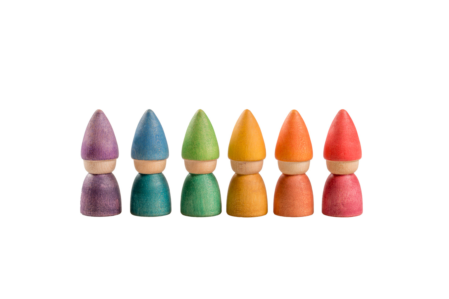 Wooden rainbow tomtens. 6 wooden carved people with cone shaped hats