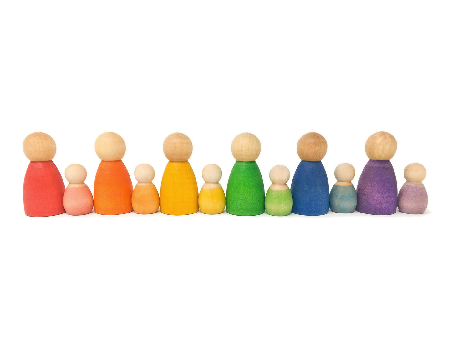 12 wooden people in 6 different rainbow colours. they are standing in pairs, one larger sized wooden person next to the baby wooden person in the corresponding colour.