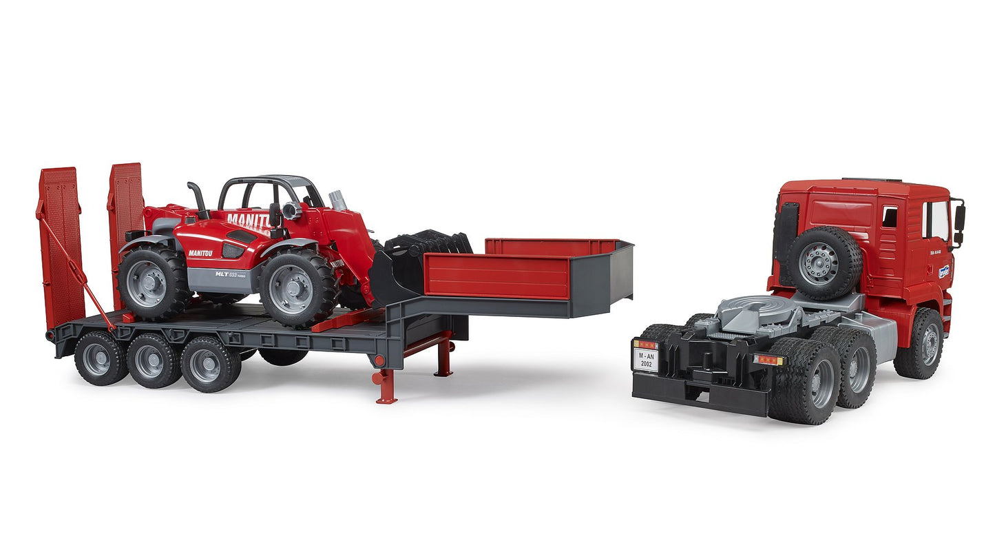 MAN TGA truck with low loader trailer and Manitou telehandler Telescopic  Loader MLT 633