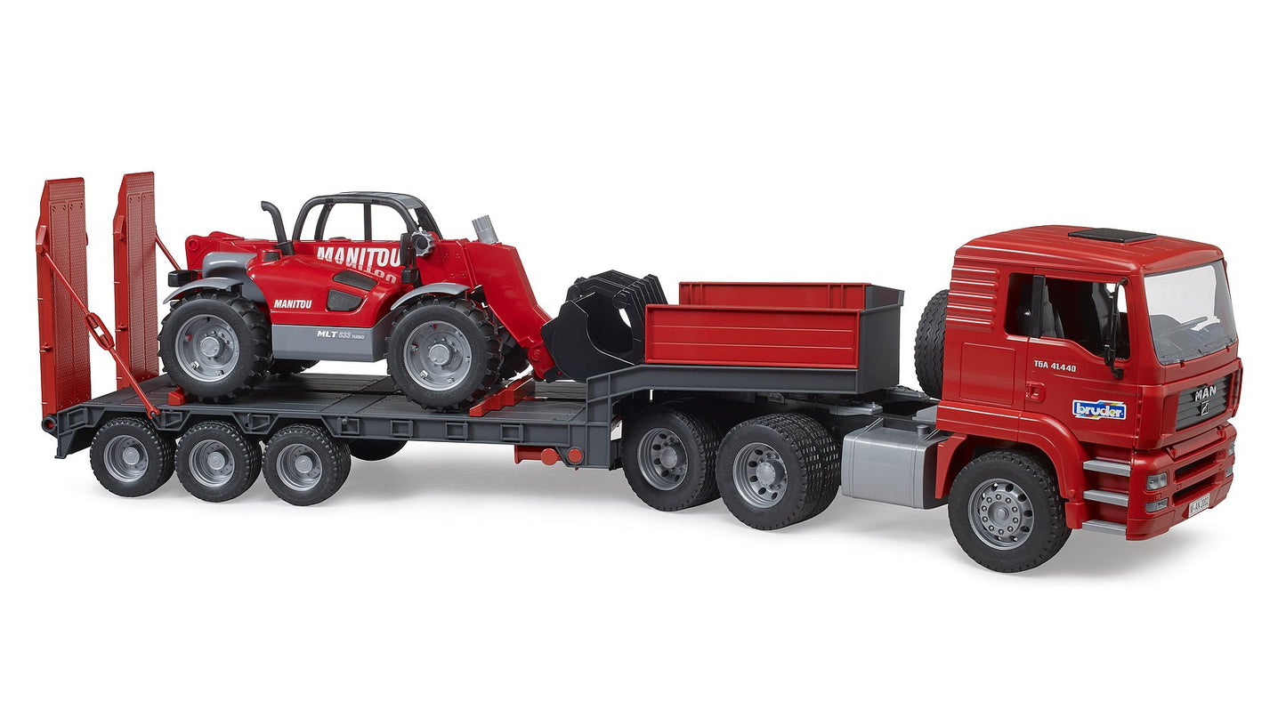 MAN TGA truck with low loader trailer and Manitou telehandler Telescopic  Loader MLT 633