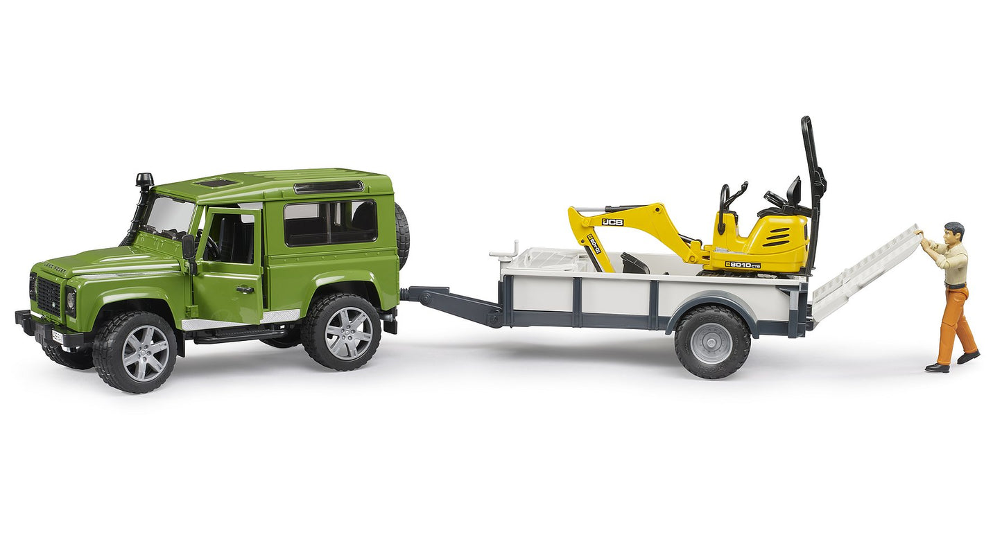 Bruder Construction Land Rover Defender with 1 Axle Trailer & JCB Micro Excavator