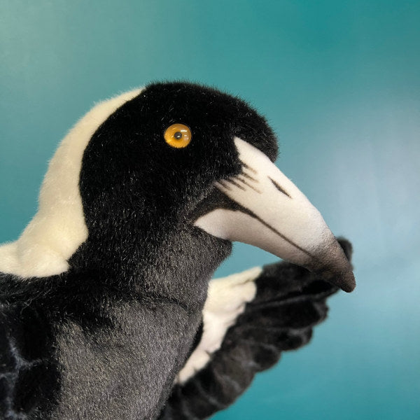 closeup of eye of magpie puppet showing air brushed detail on beak